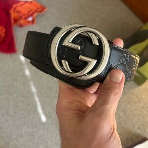 Gucci Reversible Black Embossed Leather Belt with Silver Double G Buckle